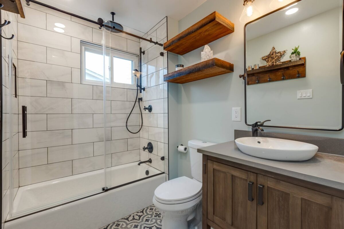 Modern Rustic Guest Bath Vanity Tub - Modern Farmhouse Full Bath & Sliding Glass Tub Enclosure by Sam's Remodeling