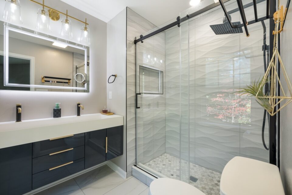 Contemporary Spa Floating Vanity Shower - Modern Sculptural Bath & 3D Wave Tile Shower by Sam's Remodeling