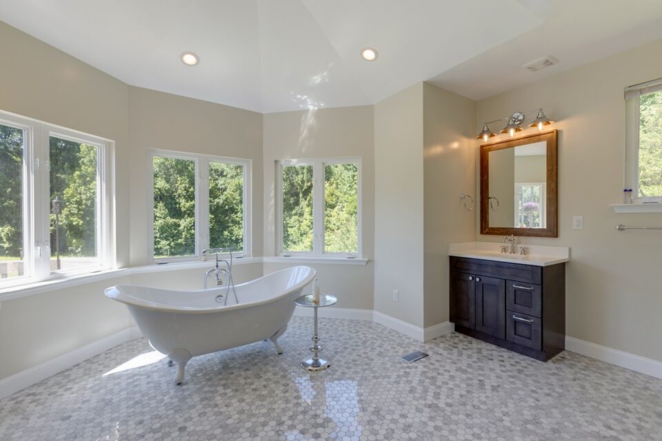 Bay Window Soaking Tub Spa - Sunlit Primary Spa Retreat & Marble Walk-In Shower by Sam's Remodeling