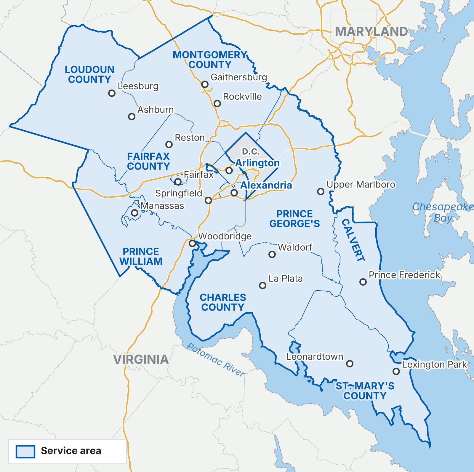 Map of the Sam's Remodeling service area: Fairfax County, Loudoun County, Arlington, the City of Alexandria and Prince William County (including Manassas) in Northern Virginia, and Montgomery, Prince George's, Charles, Calvert and St. Mary's Counties in Maryland